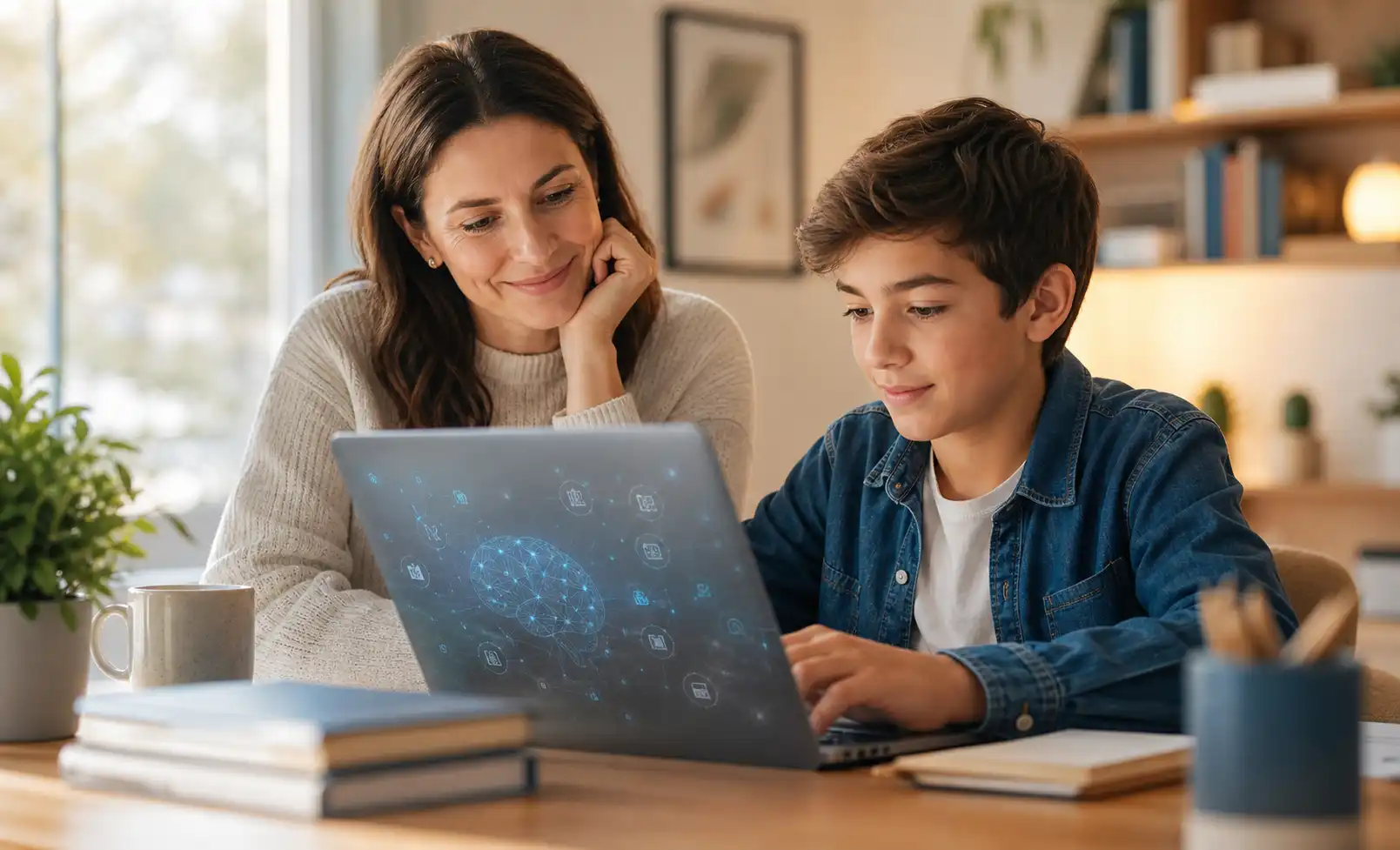 Parent sitting with child using an AI-supported learning program at home